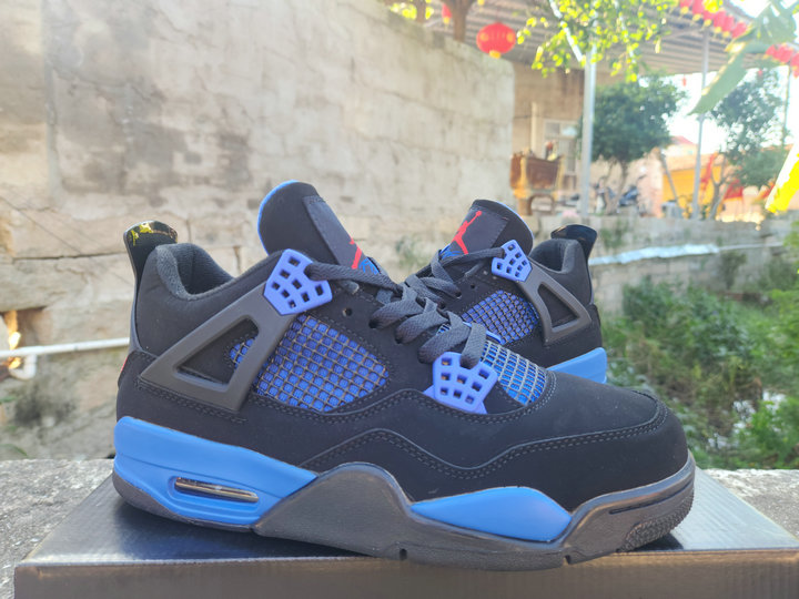 Femme Homme Chaussures Nike Air Jordan 4 Retro Noir Deep Royal Bleu